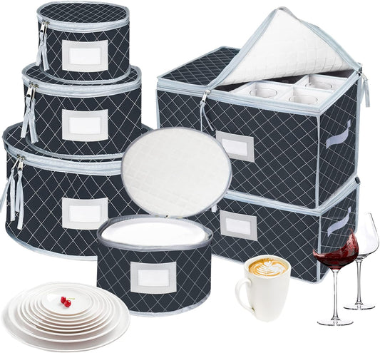 VERONLY China Dinnerware Storage Containers Set- Dish,Mug,Stemware Storage Cases - Quilted Box Bins Stackable with Divider,handles,Clear Window for Cups,Plates,Wine Glasses Moving Set of 6 (Grey