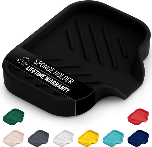 Zulay Kitchen Small Silicone Sponge Holder (4.9x3.3”) – Space-Saving Sink Organizer Tray for Sponge, Soap, Brush & More – Compact Non-Slip Dish for Kitchen & Bathroom (Black)