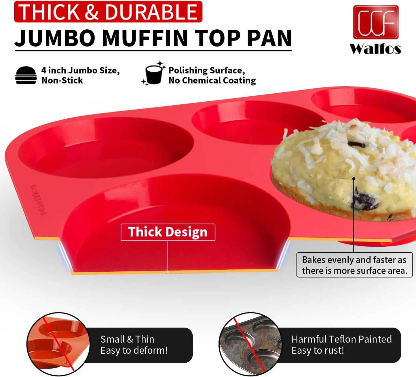 Walfos Silicone Muffin Top Pans for Baking 4inch Jumbo Size, Perfect Results Premium Non-Stick Bakeware Egg Baking Pan, Great for Eggs, Hamburger Bun, Muffin Top and More, Food Grade & BPA Free, 1pc