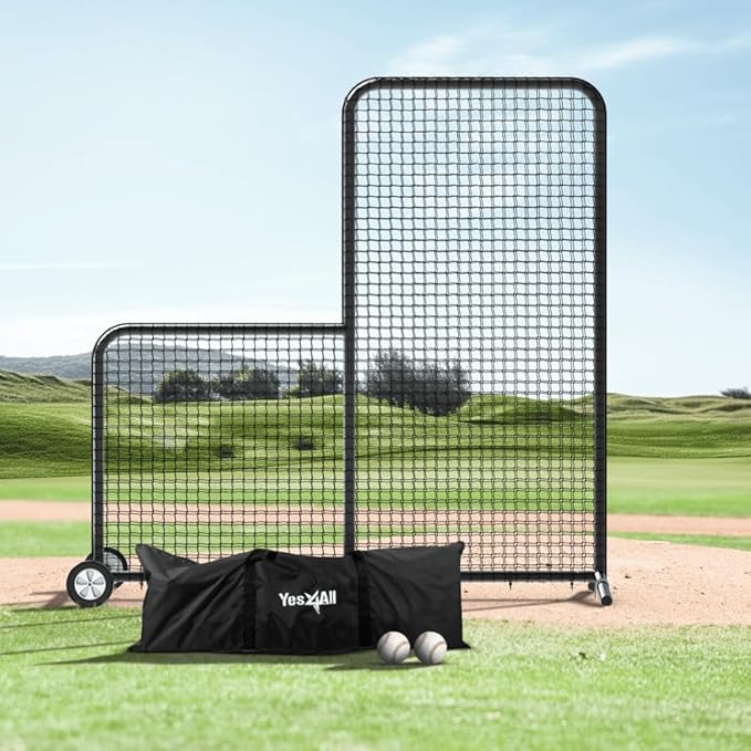 Yes4All Portable L-Screen Baseball 7x7ft with 2 Baseballs, Rubber Wheels - L Screen Baseball for Batting Cage, Protective Pitching Screen Net Double Layers, Carry Bag Included