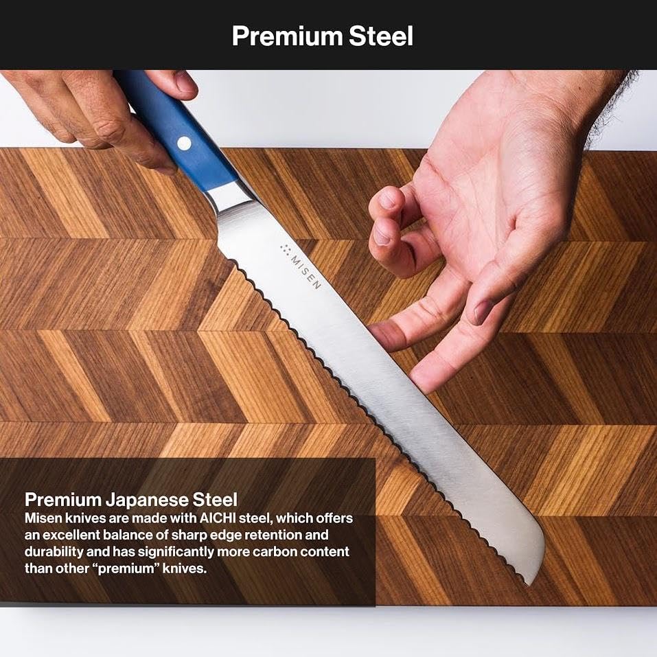 Misen Serrated Bread Knife – High-Carbon Japanese AUS8 Steel – Effortless Slicing of Bread, Pastries, and Fruits – Razor-Sharp Edge and Durable Blade with Ergonomic Handle - 8", Red