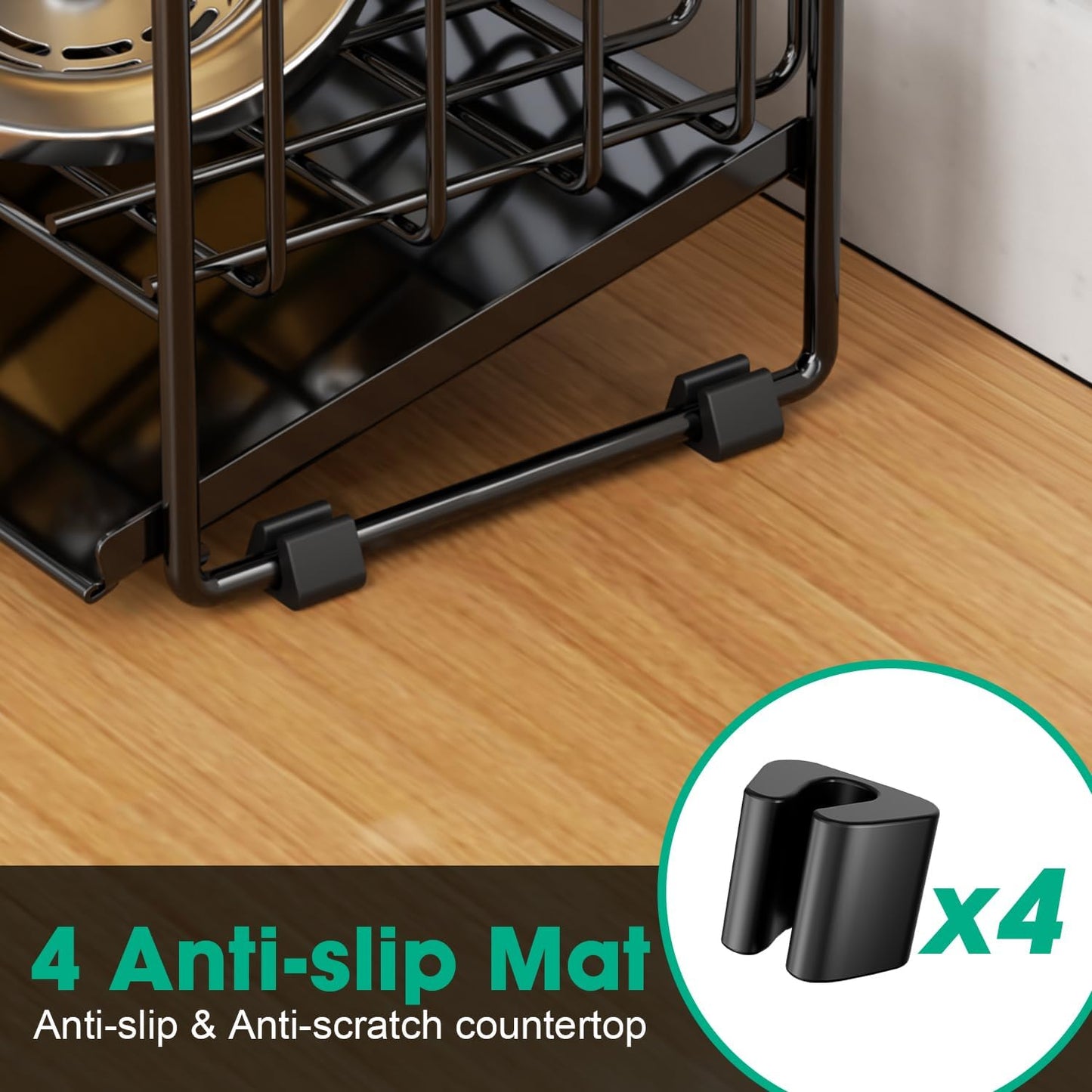 Sponge Holder for Kitchen Sink, 2 Tier Sink Caddy Organizer with High Brush Holder, Self-Draining Sponge Holder for Sinks, Soap Dispenser Organizer, Rustproof 304 Stainless Steel, Black