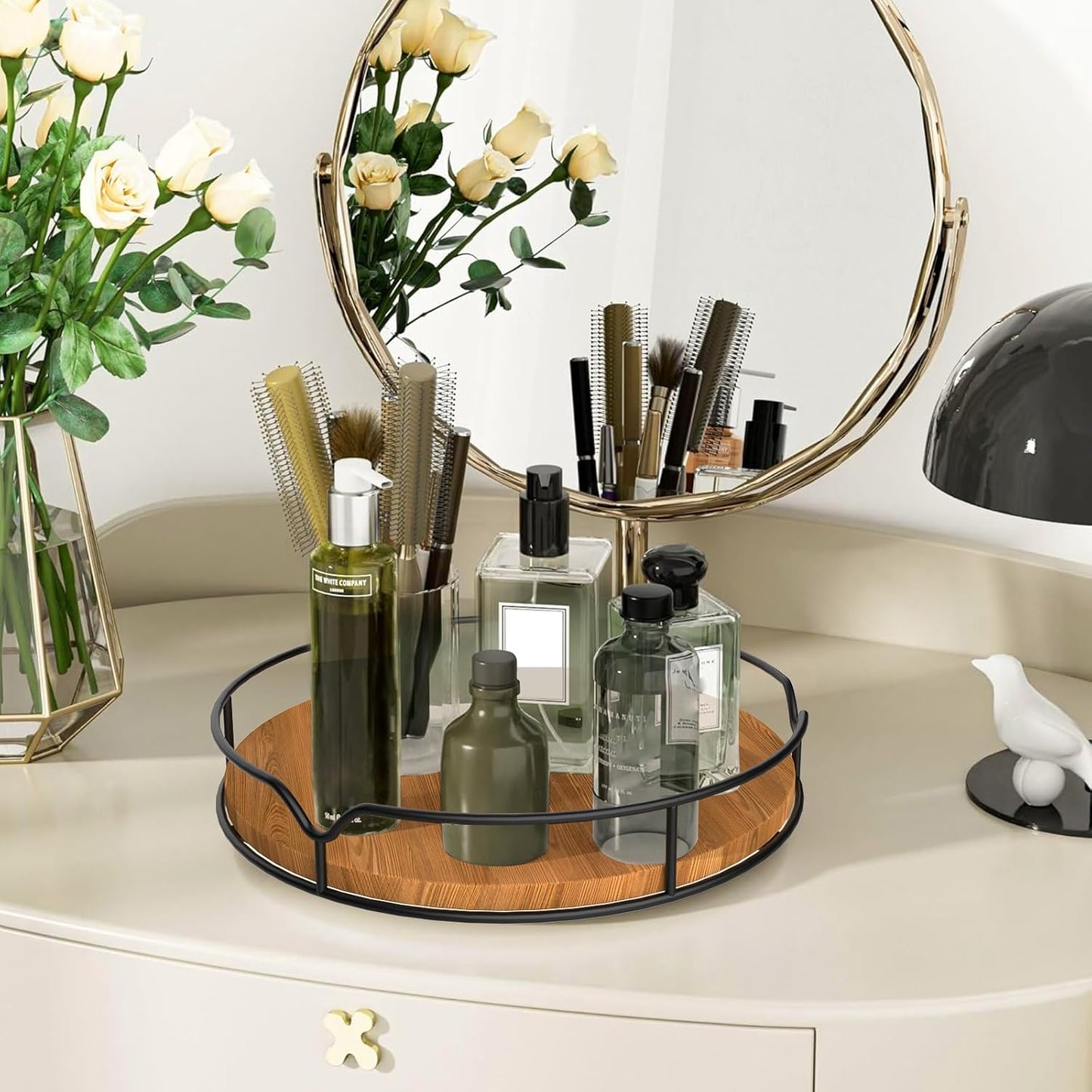 Lazy Susan Turntable Organizer for Cabinet Pantry Kitchen Countertop Refrigerator Cupboard, Pine Wood (Carbonized Black, 14“)