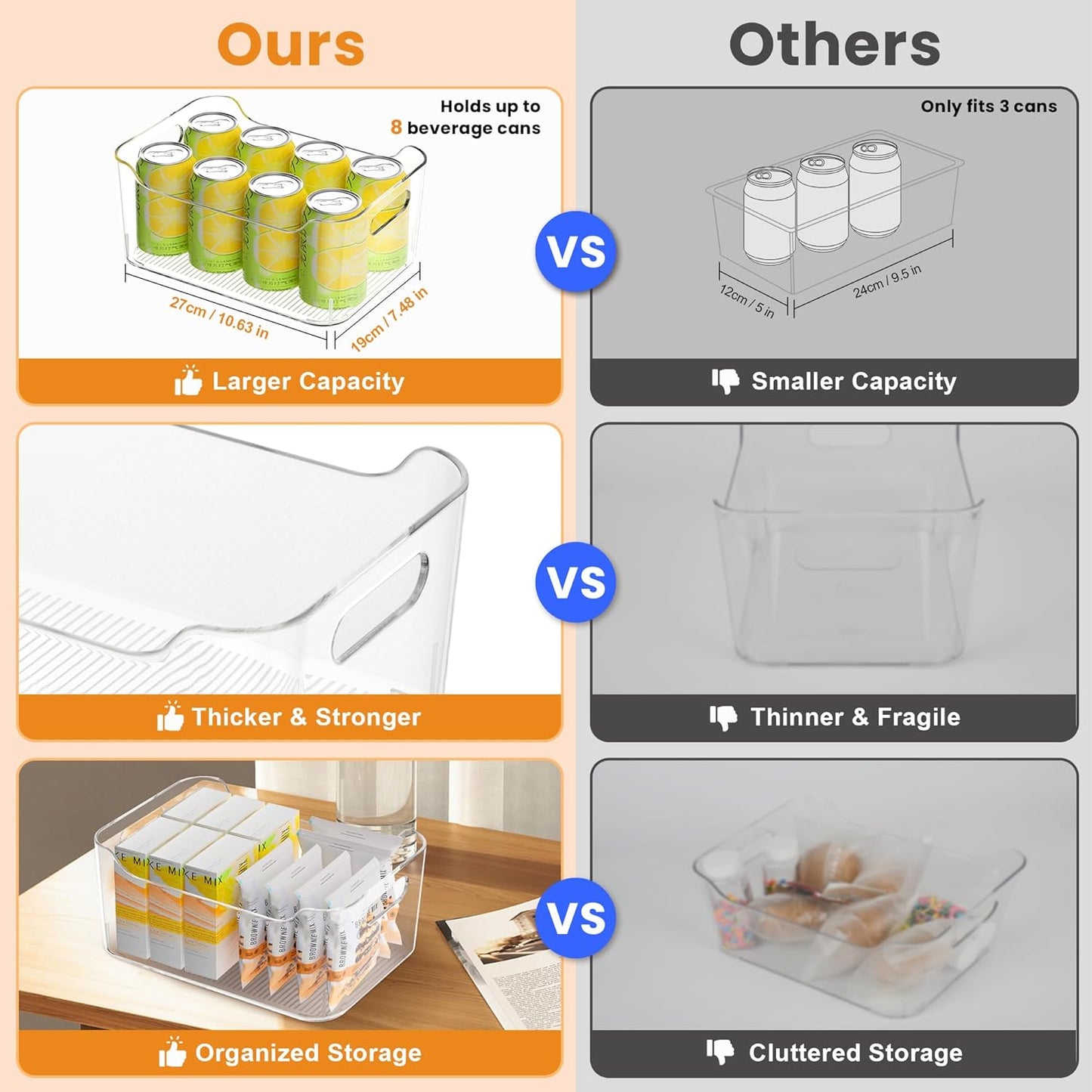 Clear Plastic Storage Bins-Pantry Organizers & Storage Containers-Refrigerator Organizer Bins with Handle - Home Organization Must Haves for Kitchen(Clear 6 Pack-Large)