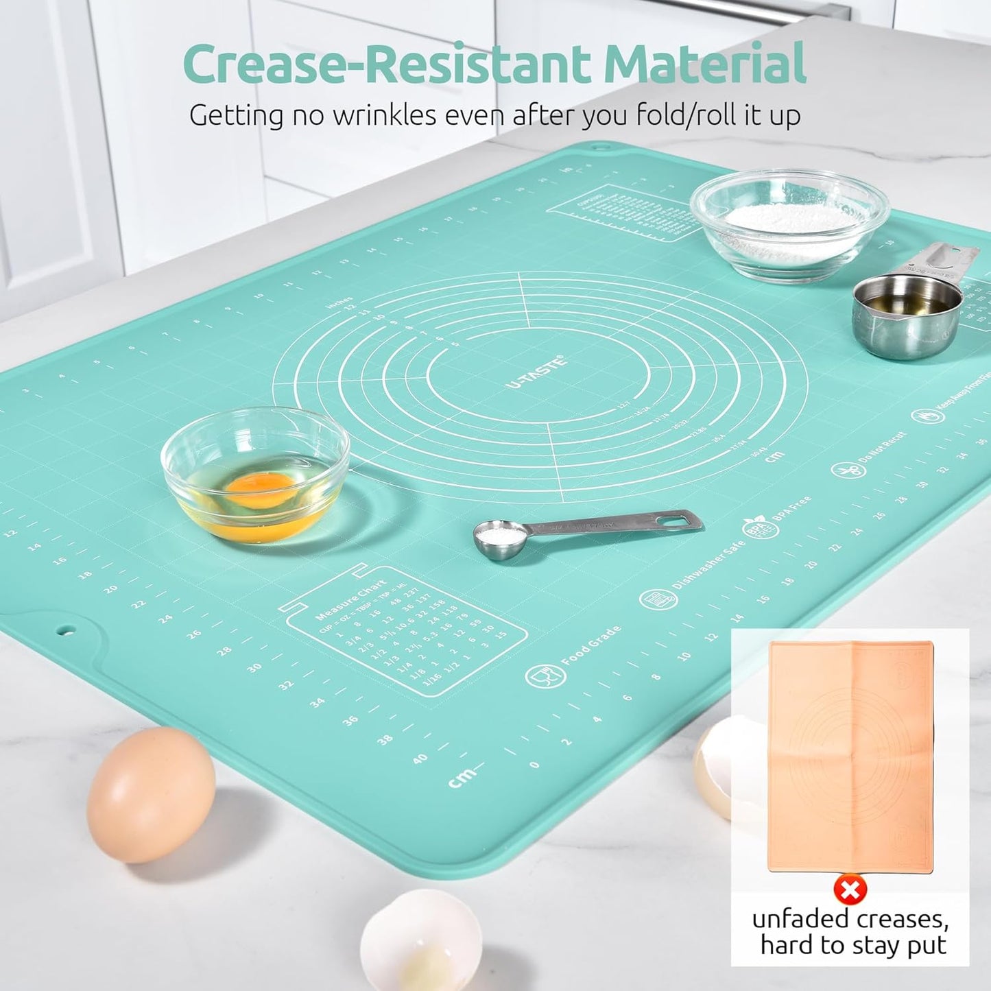 U-Taste 28"x20" Large Pastry Mat: Food-Grade Liquid Silicone Dough Rolling Baking Sheet, Non-Stick Non-Slip for Kneading, Making Pizza, Fondant, Pie with Clear Measurement and Raised Edges (Aqua Sky)