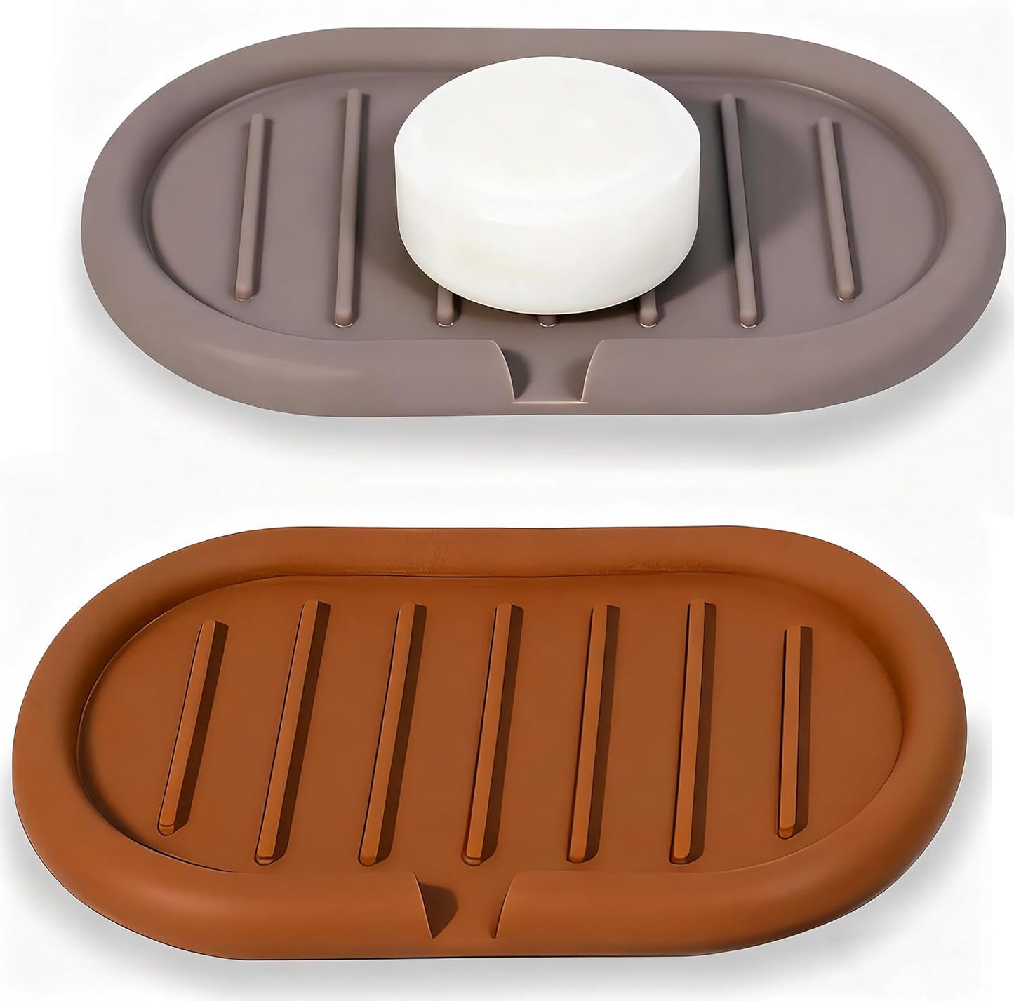 Self-Draining Oval-Shaped Silicone Soap Dish, Soap Holder/Tray/Saver for Shower, Bathroom, Kitchen, Keep Soap Dry, Easy to Clean (2, Dark Color)