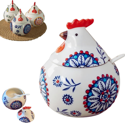 13.5 Oz Salt Cellar With Lid and Spoon (Blue)- Ceramic Chicken Spice Jars for Salt, Sugar, Pepper - Spice Containers for Countertop