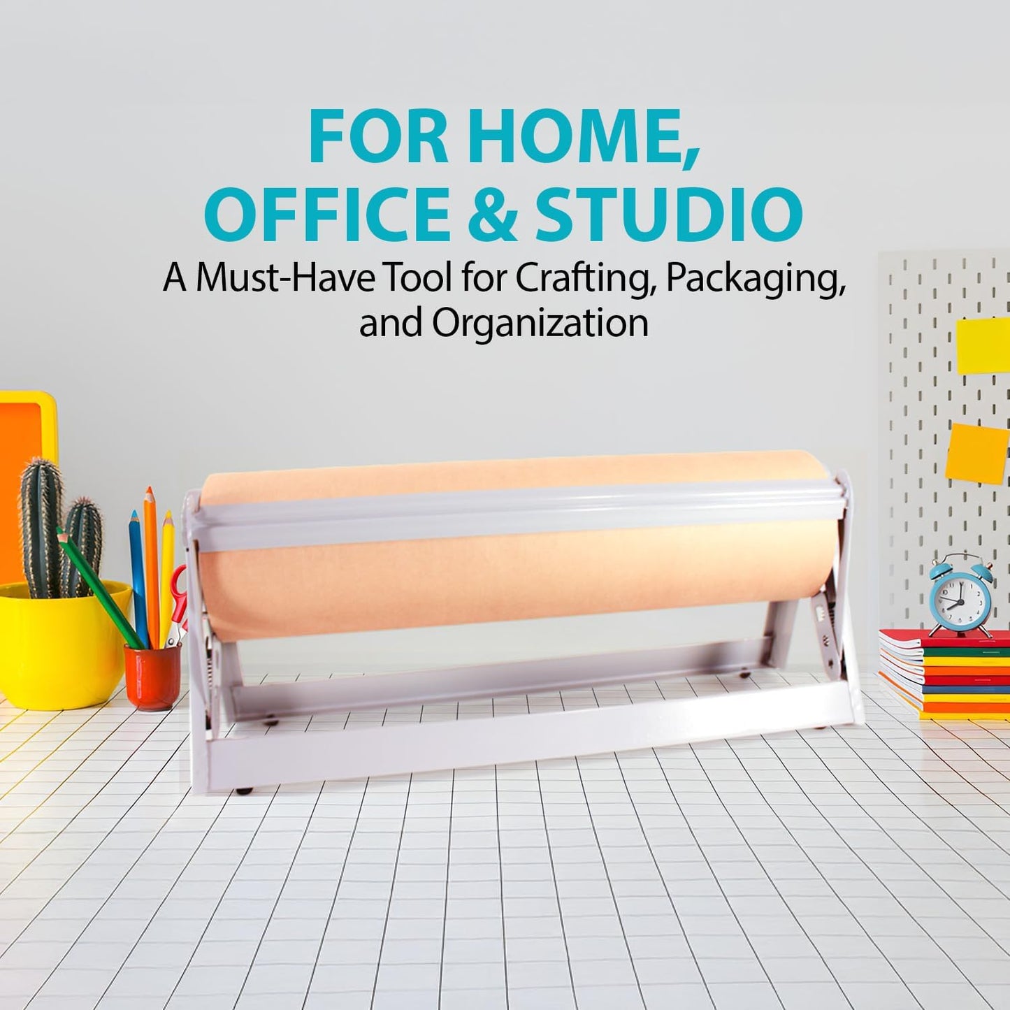 24" Wide Roll Paper Dispenser with Cutter for Desktop – Roll Dispenser with Serrated Cutter – Fits Craft, Freezer, Wrapping, Butcher Paper Roll or Cling Film – Heavy-Duty, Grey