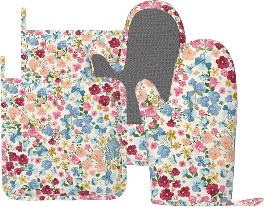 Wild Flowers Floral Meadow Oven Mitts and Pot Holders Set of 4 Silicone Kitchen Mitten Gloves and Non-Slip Potholders Set Heat Resistant Oven Gloves Hot Holders for Kitchen