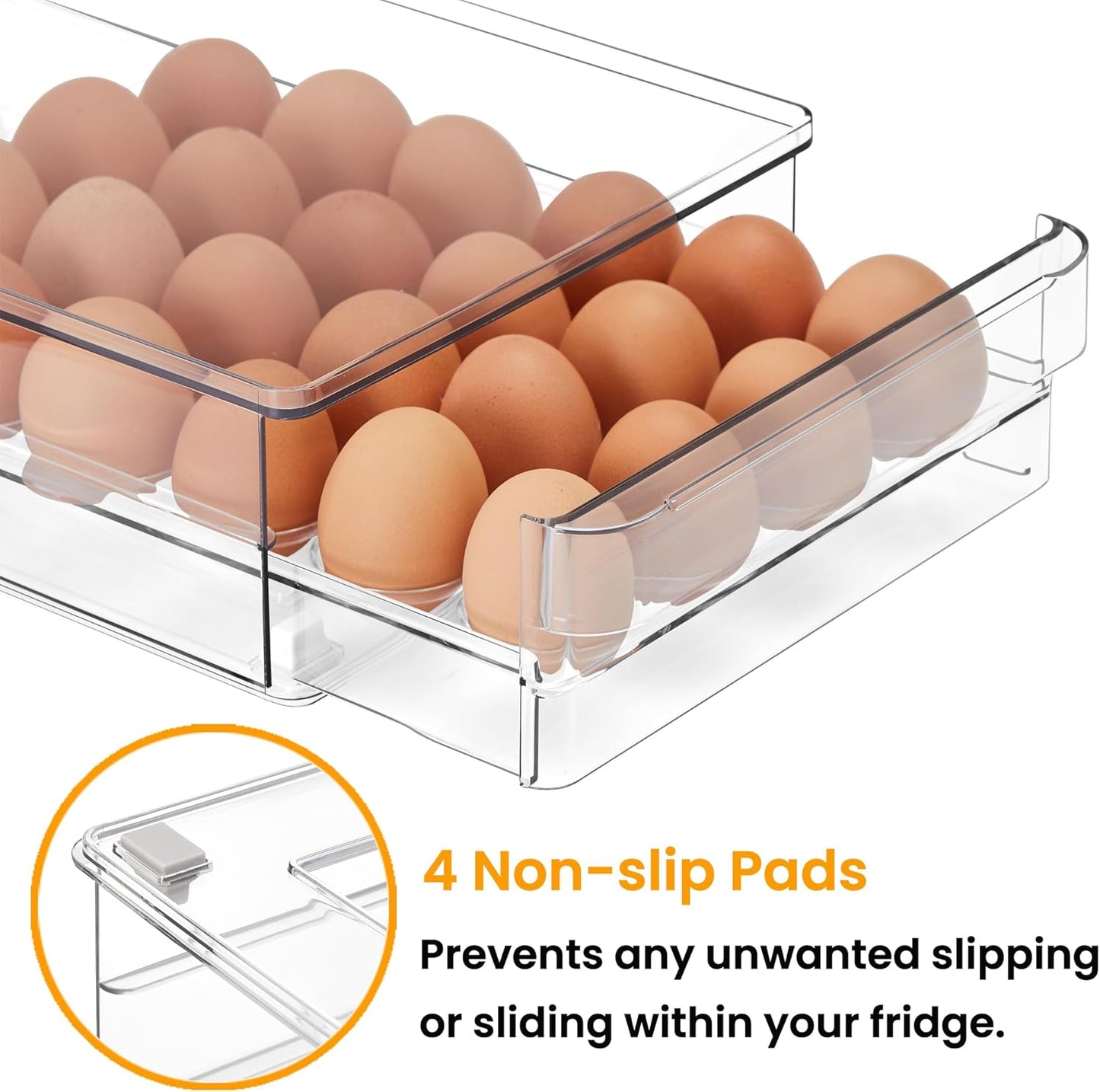 vacane 24 Egg Drawer for Fridge, Pull Out Egg Storage Container with Non-Slip Pads Refrigerator Organizer Bins Clear Egg Holder, Egg Tray-Bpa Free Egg Organizer