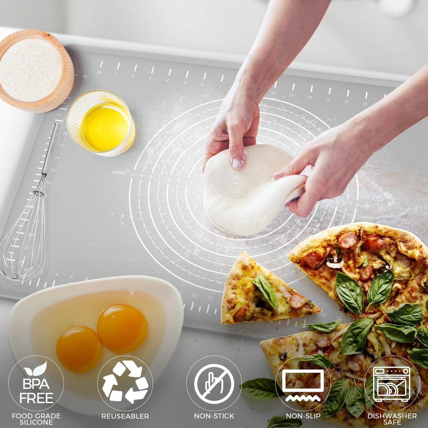Silicone Baking Mat 28" x 20", Extra Thick Dough Rolling Mat with Measurements and Edge Heightening, Non-stick Food Grade Silicone Pastry Mat for for Pastry, Bread, Cookies, Pizza, Fondant, Pasta