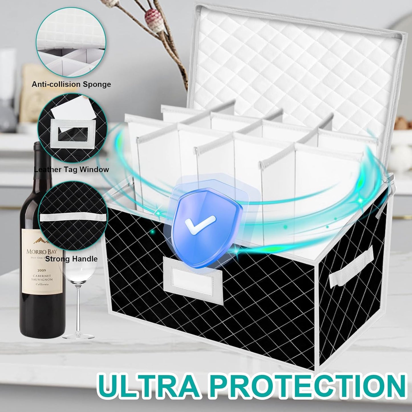 VERONLY China Dinnerware Storage Containers Set- Dish,Mug,Stemware Storage Cases - Quilted Box Bins Stackable with Divider,handles,Clear Window for Cups,Plates,Wine Glasses Moving Set of 6 (Black)