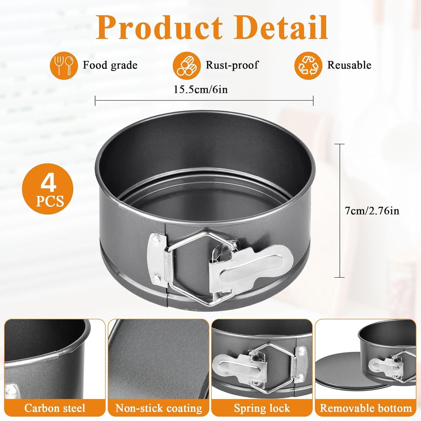 4 Pack 6 Inch Springform Pans, Non-Stick Cheesecake Pan, Heavy Duty Carbon Steel Withstands 446°F, Removable Bottom & Locking Buckles for Cheesecake, Baking, Commercial Kitchens