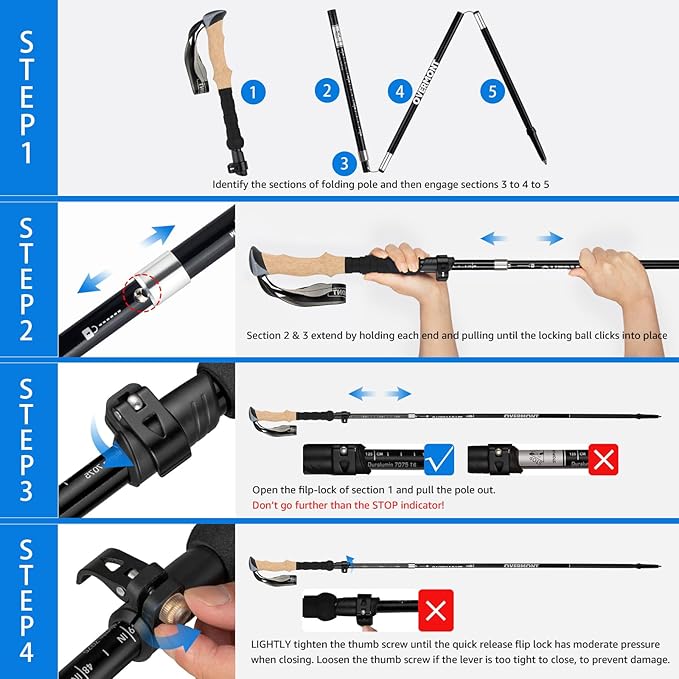 Overmont 7075 Aluminum Trekking Poles - Lightweight Collapsible Hiking Poles Adjustable Walking Sticks with EVA Handle All Terrain Accessories Carry Bag - Set of 2