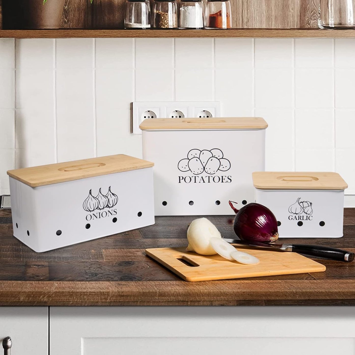 Canister Sets for Kitchen Counter, Kitchen Canisters Set of 3 for Potato Onion Garlic, Kitchen Storage Bin Jars Pots with Aerating Tin Storage Holes & Wooden Lid (White)