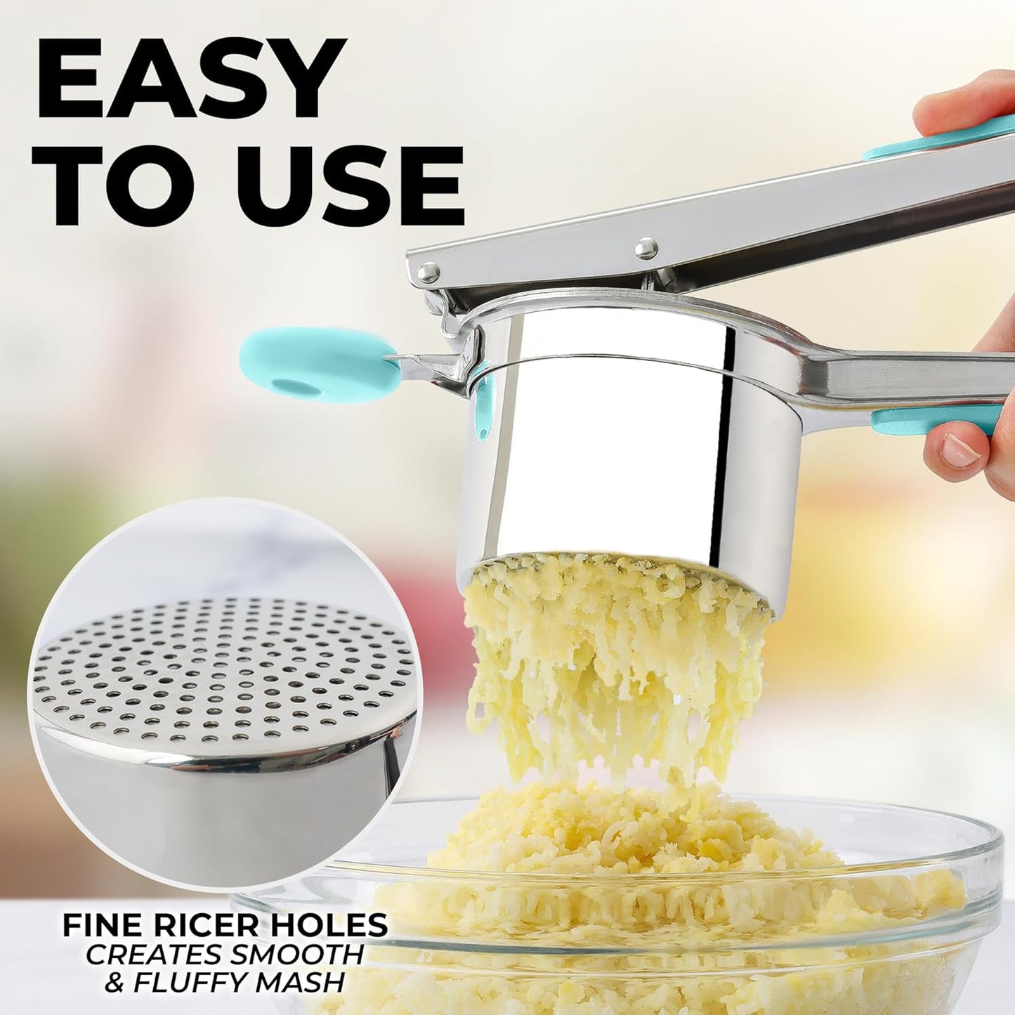 Zulay Kitchen Large 15oz Potato Ricer, Heavy Duty Stainless Steel Potato Masher and Ricer for Mashed Potatoes, Mashed Potato Masher & Potato Press Gadget for Perfect Mashed Potatoes - Turquoise
