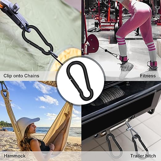 KINLINK 4 Pack Black Carabiner Clip, 7 inch Heavy Duty Spring Snap Hook, Large Caribeener Clips for Camping, Swing Set, Hammock, Hiking, Travel, Weight Lifting Machine, Home Gym Equipment