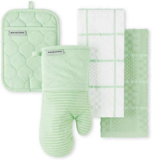 KITCHENAID Quilted Cotton Terry Cloth Oven Mitt, Pot Holder, Kitchen Towel 4-Pack Set, Heat Resistant, Silicone Grip, 16"x26", 7"x13" & 7"x10", Pistachio