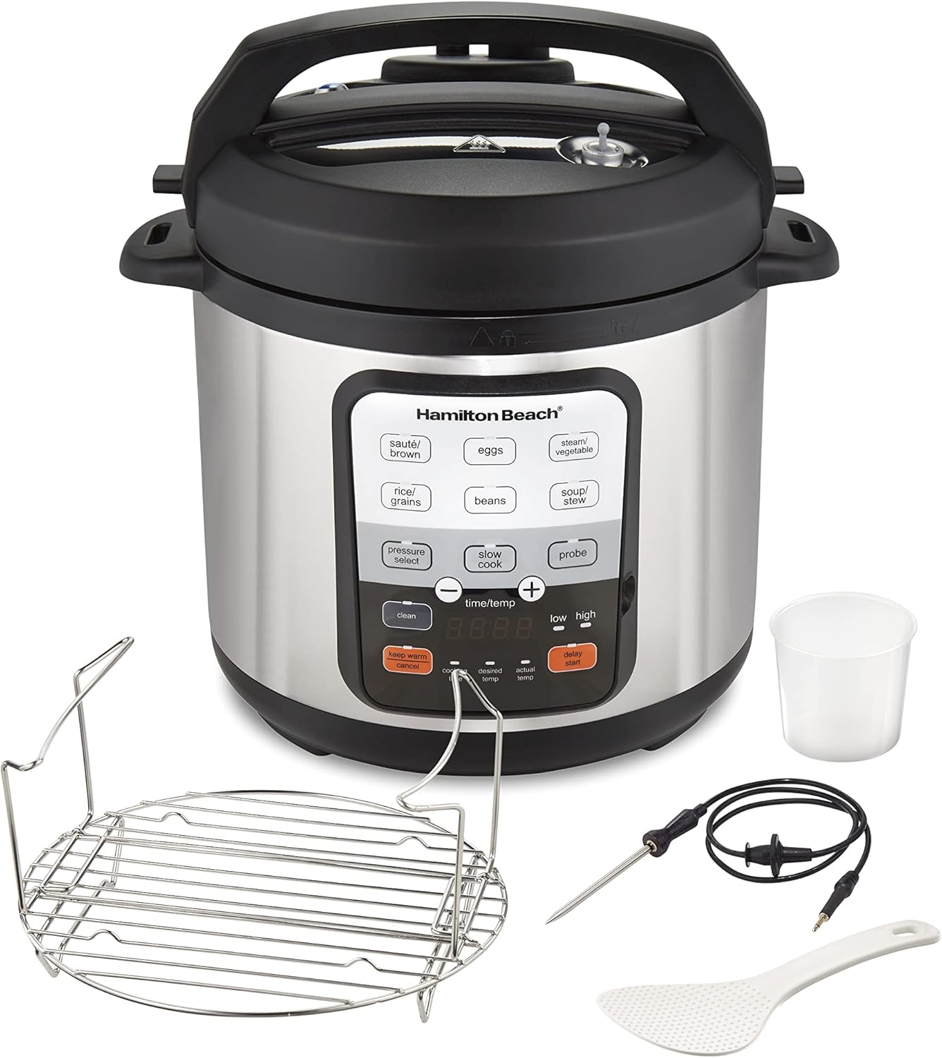 Hamilton Beach 6-in-1 Electric Pressure Cooker with Temperature Probe, Slow Cooks, Sautés, Browns, Steams, Rice Function, Egg and More, 6 Quart Capacity, Stainless Steel (34506)
