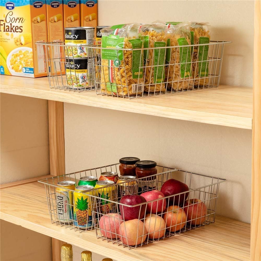 SANNO Freezer Baskets for Storage Pantry Large Metal Wire Food Storage Organizer Bin Basket with Handles - for Kitchen Cabinets, Pantry, Bathroom, Laundry Room, Closets, Garage - Chrome，2 pack