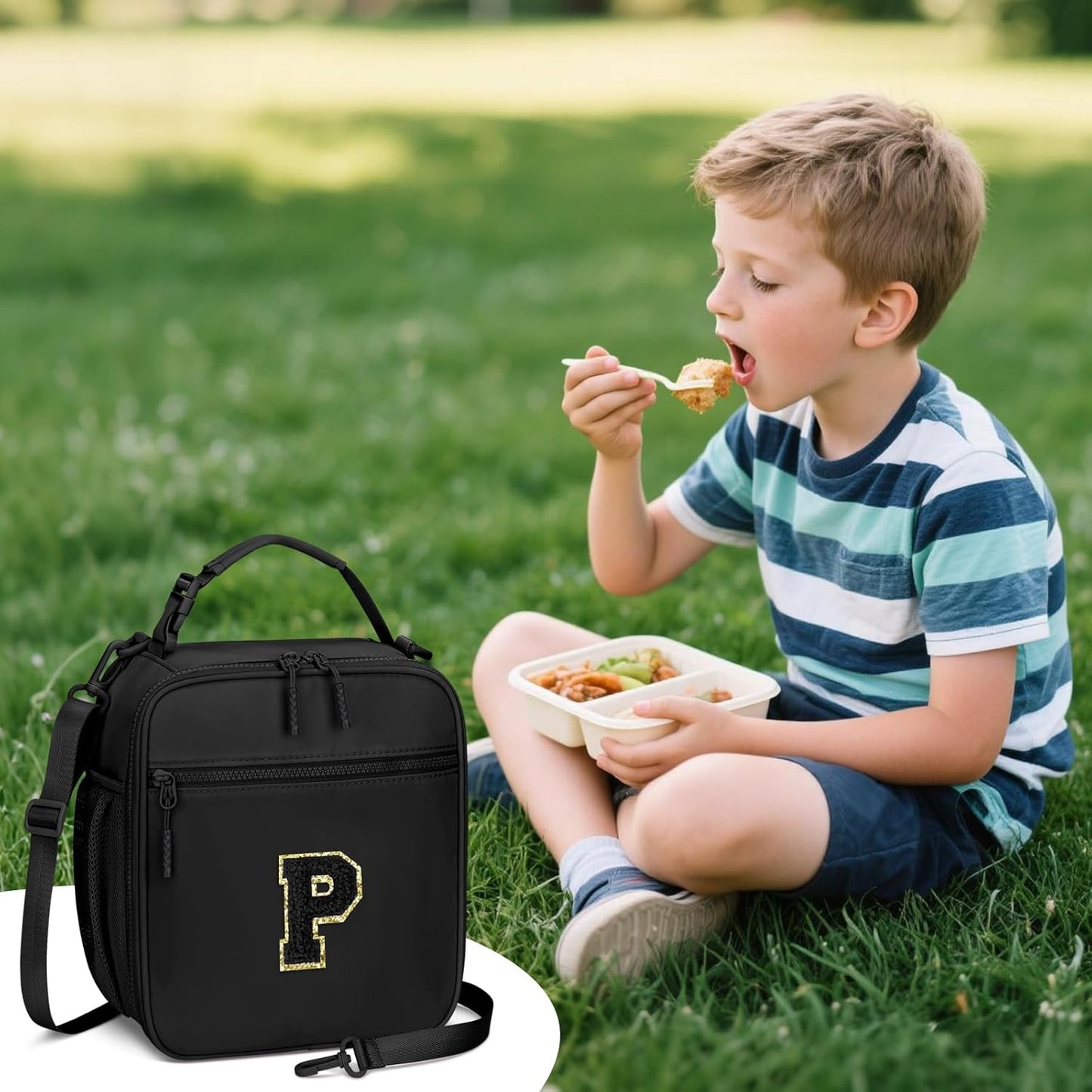 Initial Insulated Lunch Bag for Boys Kids, Back to School Gift, Reusable Leak-proof Lunch Box with Adjustable Strap for School Daycare Travel Picnic（Black，P）