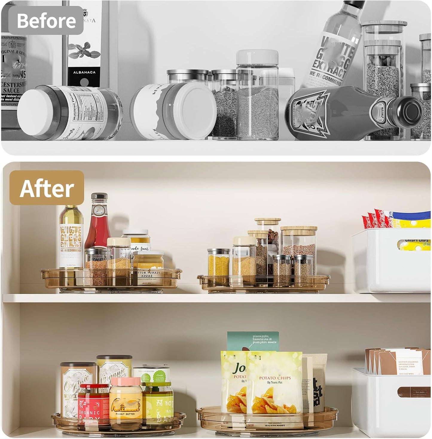 LAMU 3 Pack Lazy Susan Organizer Turntable for Cabinet, Condiment Organizer for Kitchen Pantry Organizers and Storage, Table Top, Fridge, Countertop, Spice Organization, 12'' 10.6'' 9.25'', Amber