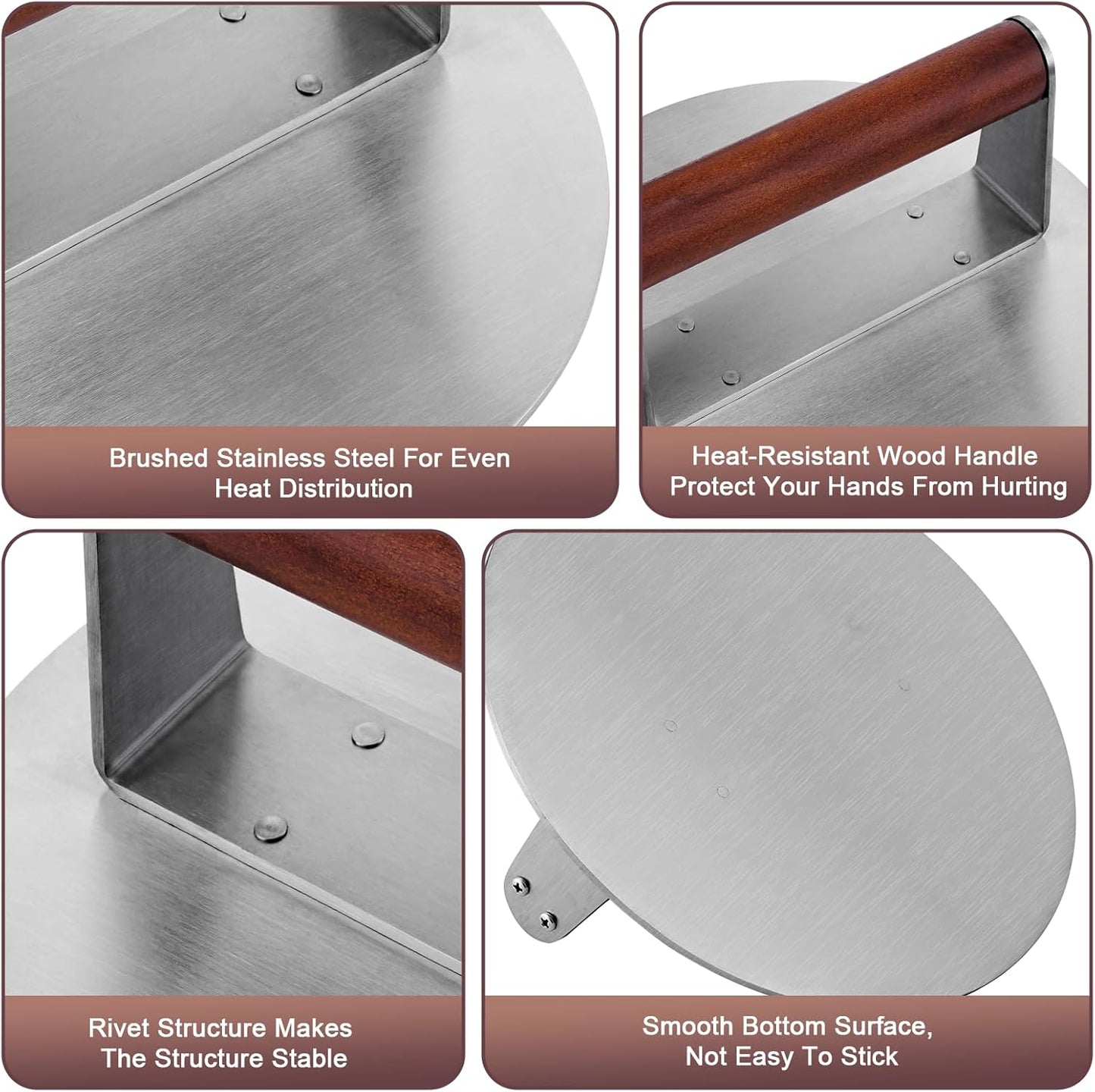 Stainless Steel Burger Press, 8.5" NonStick Hamburger Smasher Tool & Grill Press, 2.5 lbs Heavy Duty Bacon with Wood Handle for Blackstone Camp Chef Pitboss Weber Griddle Grills(Round)