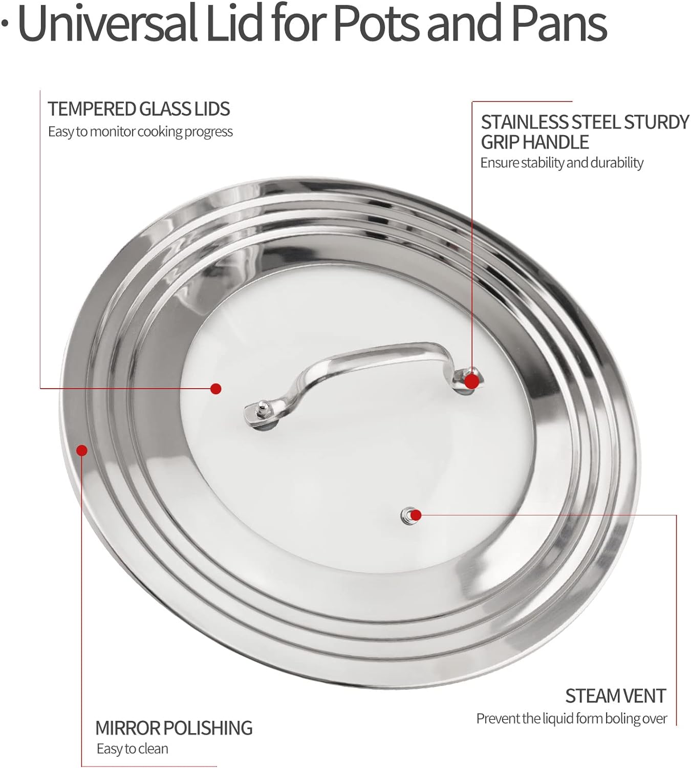 Stainless Steel Universal Lid for Pots, Pans and Skillets-Fits 7" to 12" Replacement Frying Pan Cover and Cast Iron Skillet Lid
