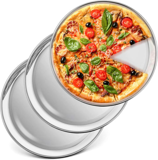 P&P CHEF 10 Inch Pizza Pan, Stainless Steel Round Pizza Tray Baking Pans, Pizzas Plate Serving Tray for Cookie Meat, Oven & Dishwasher Safe & Easy Cleaning, (Mirror Finish) - 3 Pieces
