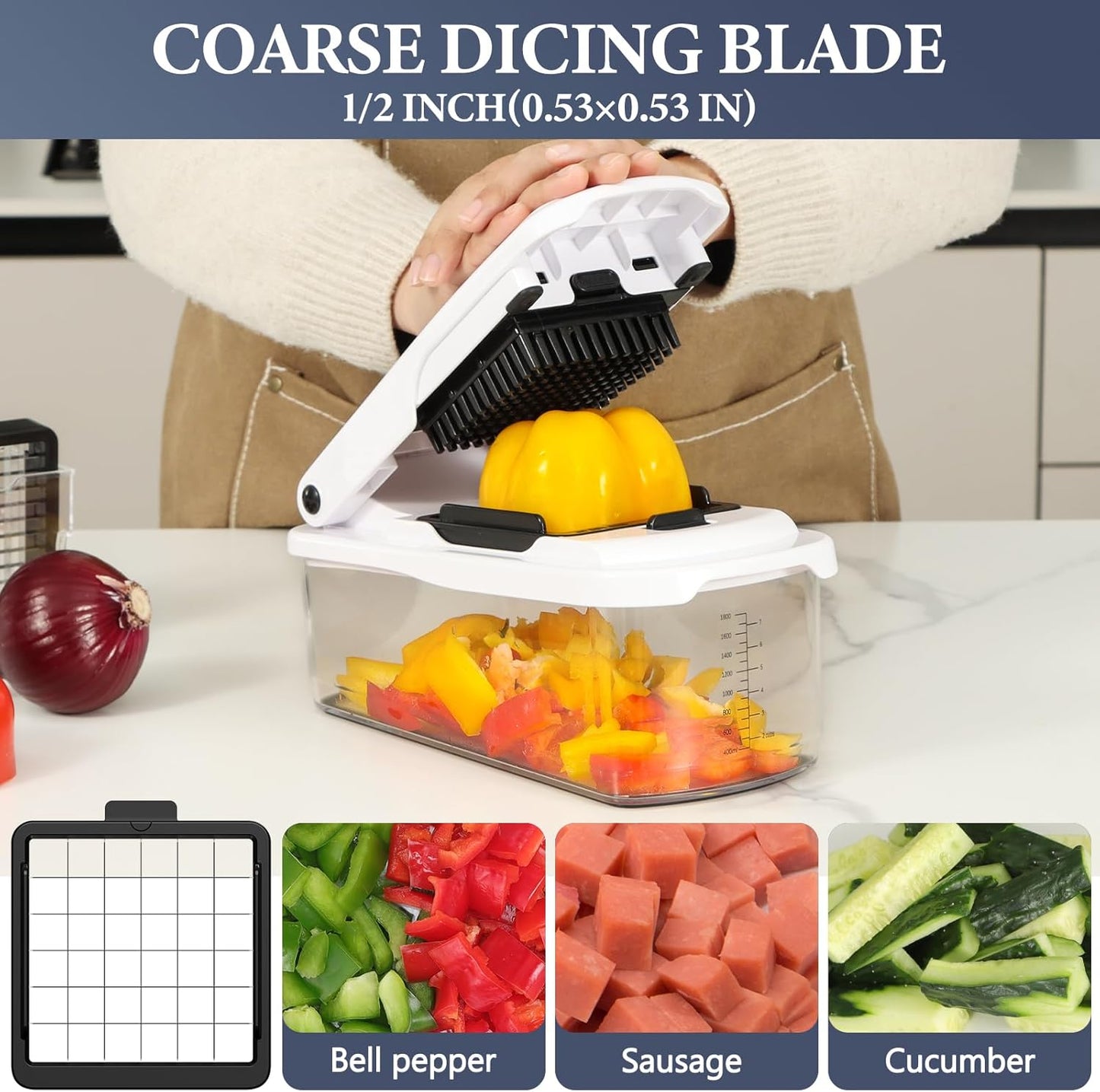 Ourokhome Chopper Vegetable Cutter with Container, Manual Hand Food Onion Dicer with 2 Chopping Blades for Potato Strips, Veggie Cubers, Carrot Sticks, Essential Kitchen Gadgets (2 in 1, White)