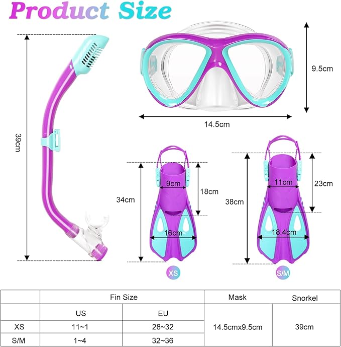 Kids Mask Fins Snorkel Set, Dry Top Snorkeling Gear for Kids Youth Boys Girls Junior Age 5-15 Tempered Glass Snorkel Mask Set Panoramic View Snorkeling Packages