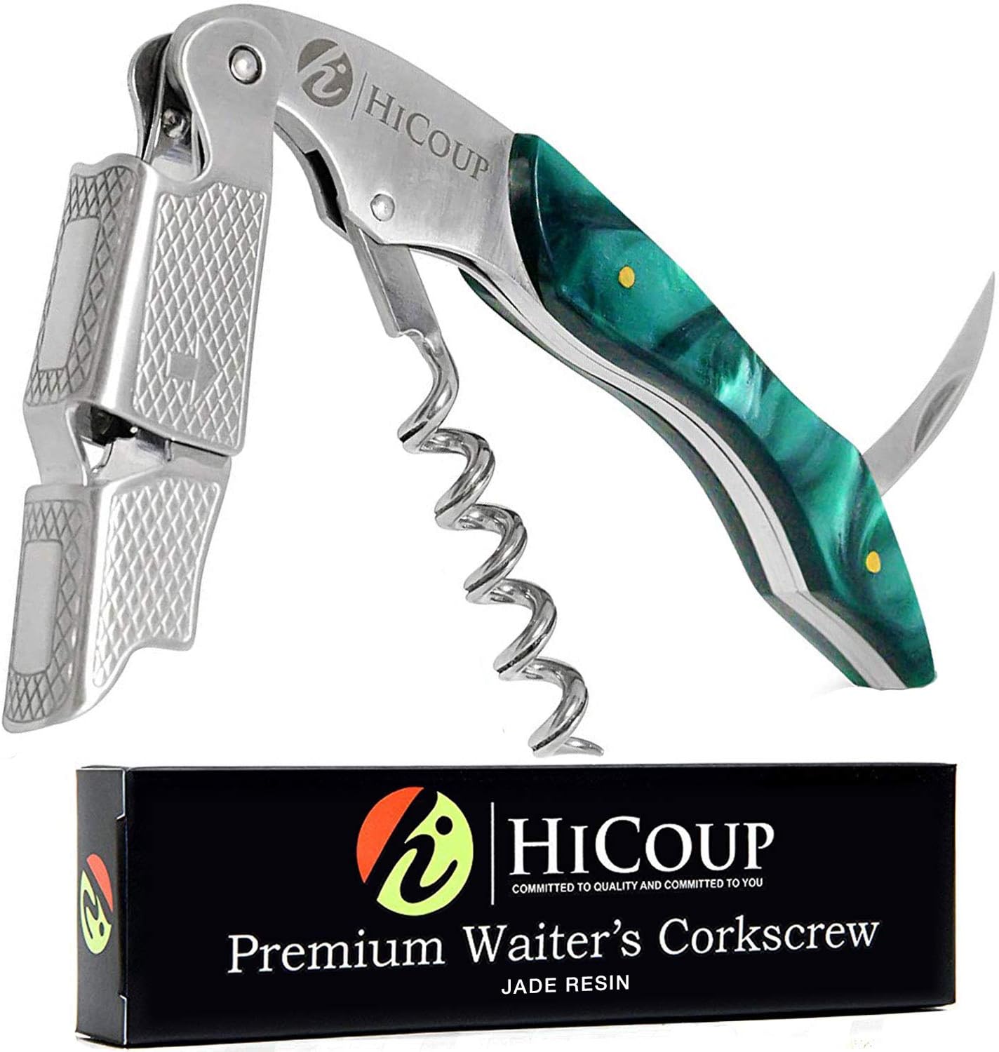 Hicoup Wine Opener - Professional Corkscrews for Wine Bottles w/Foil Cutter and Cap Remover - Manual Wine Key for Servers, Waiters, Bartenders and Home Use - Jade