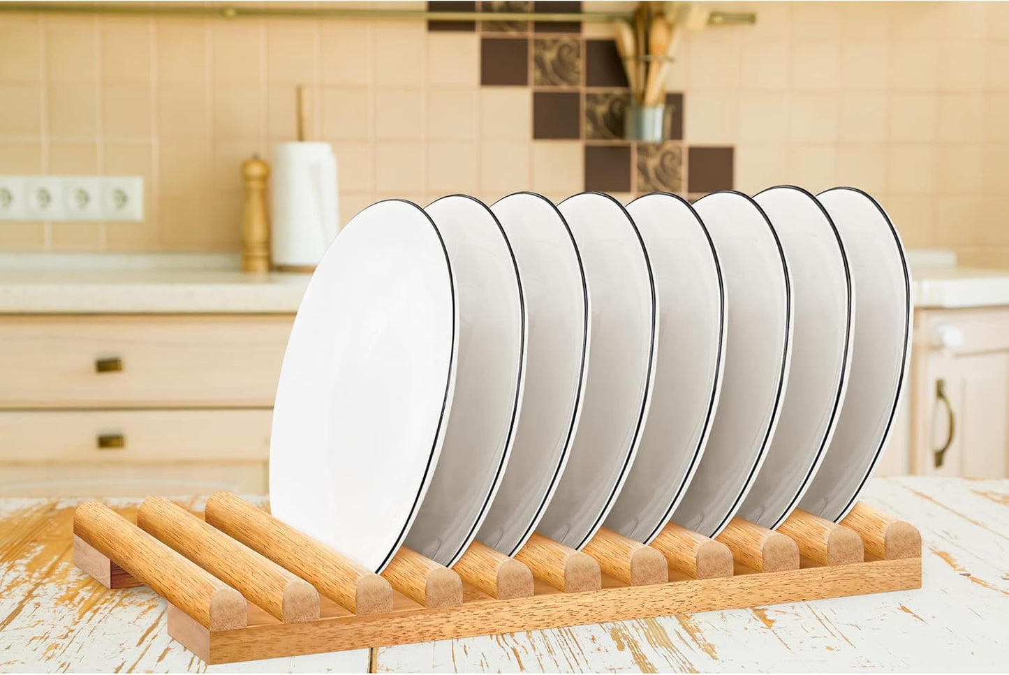 Solid Wood Kitchen Dish Drying Rack 10 Slots Plate Organizer for Cabinet New Apartment Essentials Plate Holder for Kitchen Display Countertop (Pack of 2)