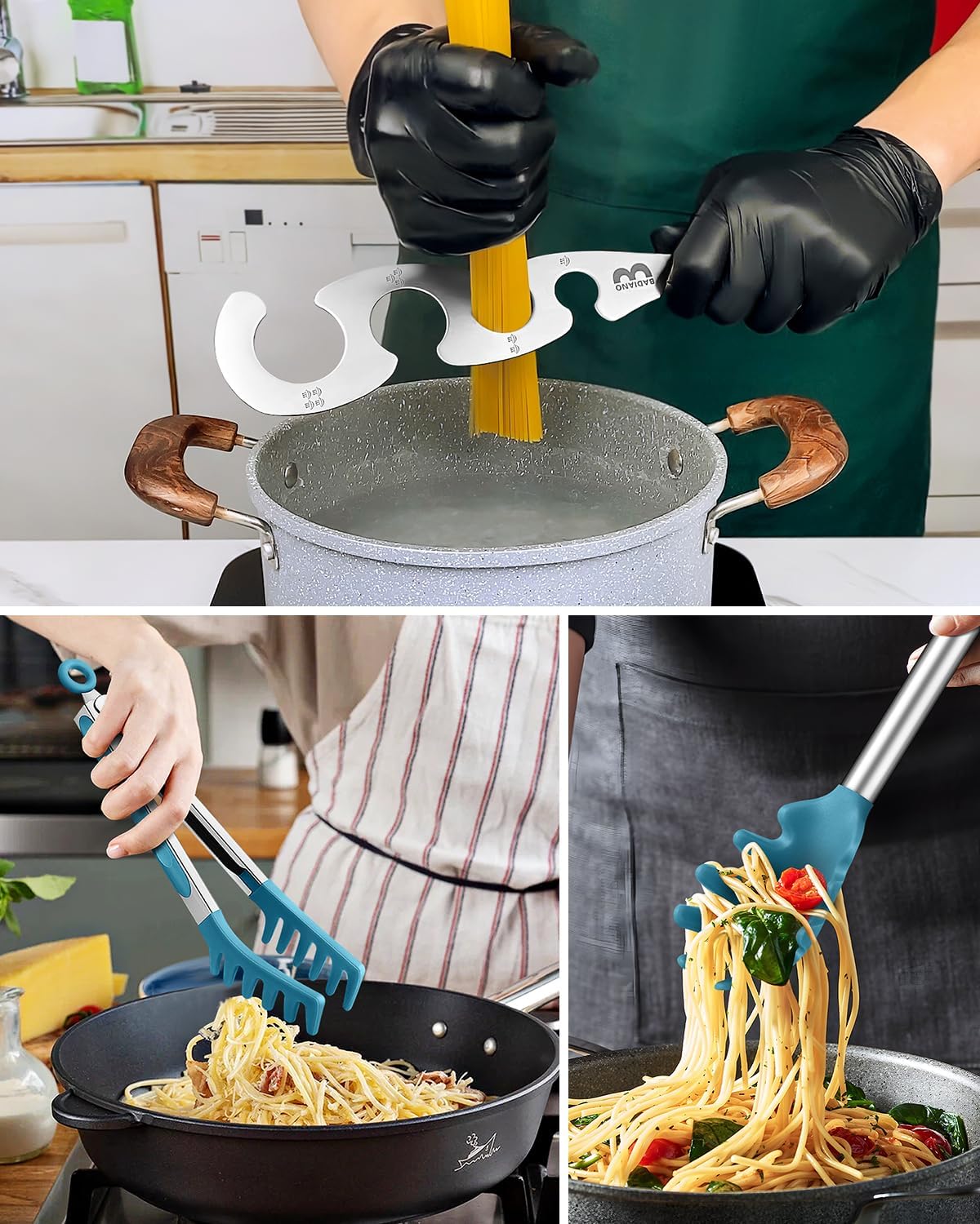 Silicone Spaghetti Spoon & Pasta Tong With Pasta Measurer, 3 Pack of Non-Stick Stainless Steel Handle Pasta Fork Set with Teeth, Food Clip for Easy Serving of Noodles (BLUE)