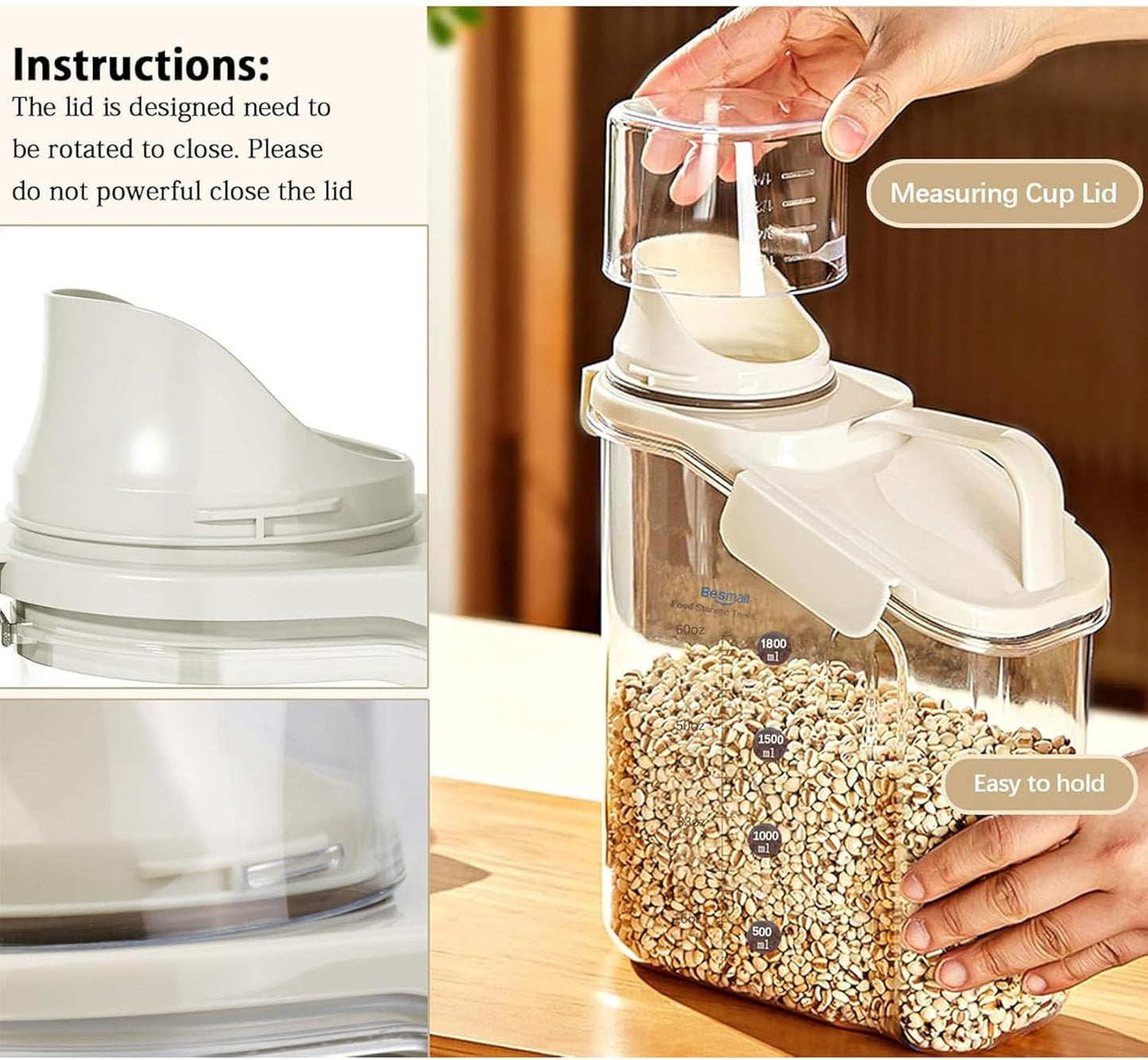 Cereal Containers Storage,2L Airtight Large Dry Food Storage Containers with Pouring Spout, Measuring Cup for Flour and Grain,BPA Free Plastic Dispenser ((1pcs) White-67oz)