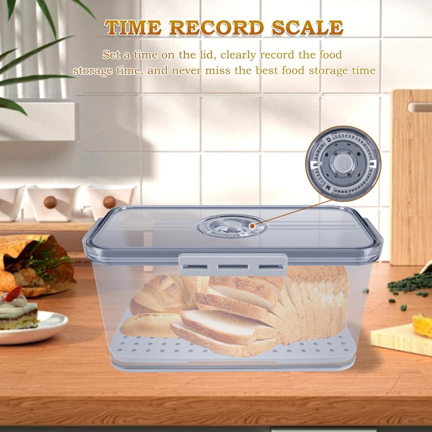 Bread Box for Kitchen Counter, Time Recording Bread Storage Container with Lid，Transparent Bread Storage Device with Drainage Pad, Homemade Bread Storage Container, Toasted Bread 11.81“x6.29”x3.93"