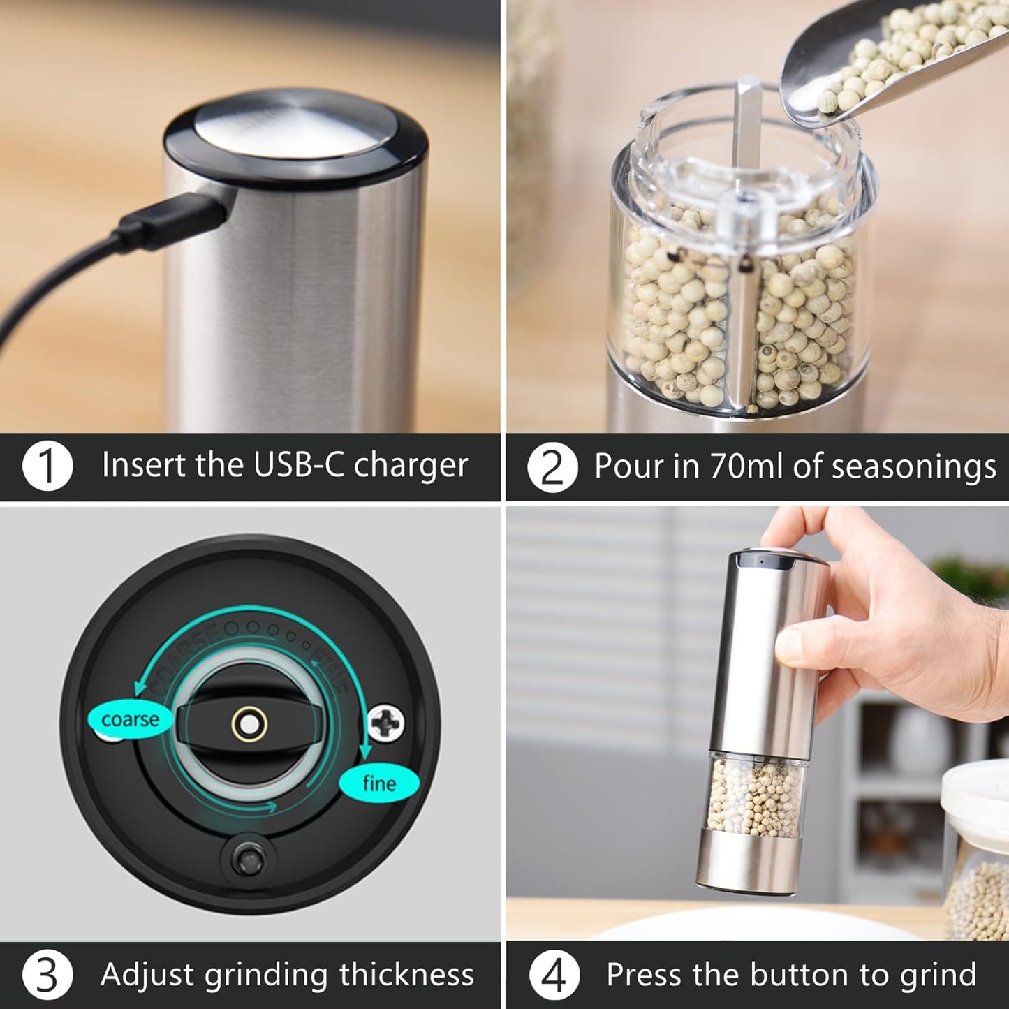 Electric Pepper Grinder, Rechargeable Automatic Pepper Mill Grinder with Led Light, One Hand Operation, Adjustable Coarseness, Stainless Steel, Refillable 70ml, Silver(1 Pack)