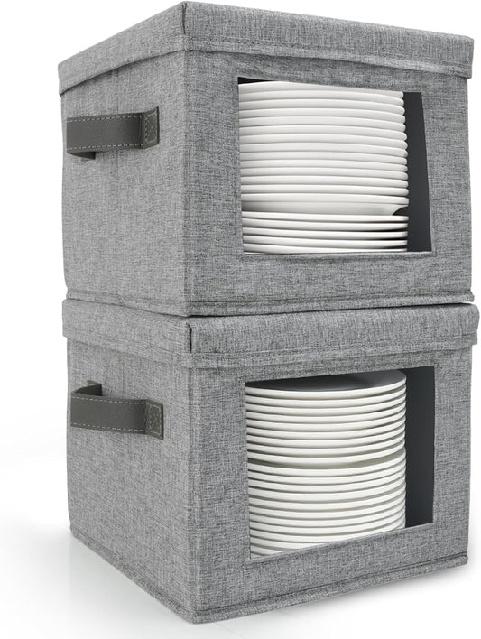 HOMELUX THEORY Plate Storage Box, 2pc 10"x8" Light Gray Hard Shell China Storage Containers, Kitchen Storage Bins With Lids, Heavy Duty Moving Box with Handles for Dishes, Dinner Plate & Dinnerware