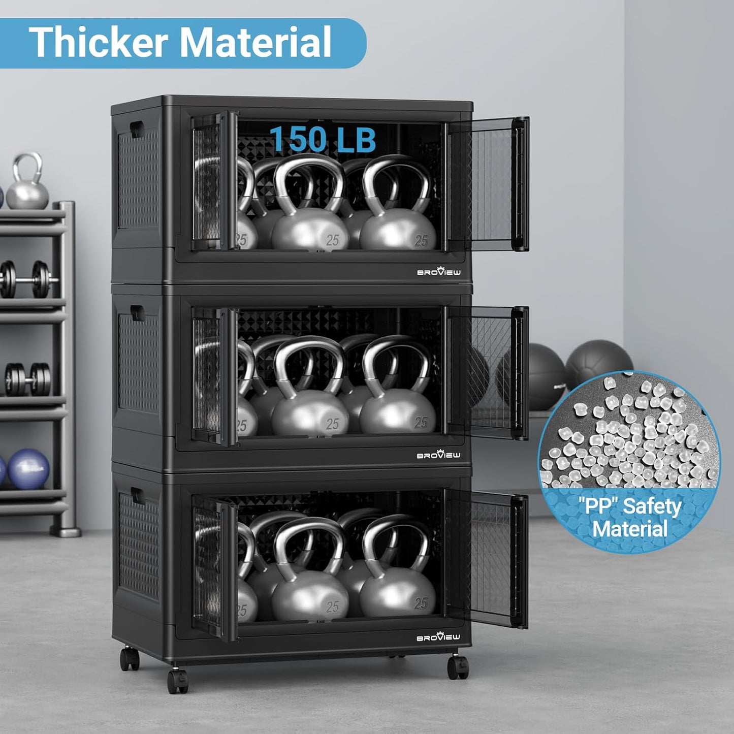 600Qt Stackable Storage Bins with Lids, 150Gal Closet Organizers and Storage Drawer, Plastic Collapsible Storage Bins with Doors, Heavy Duty Store Box Cabinet for Home Office, 6 Pack Black