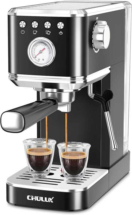 CHULUX Slim Espresso Machine with Milk Frother Steam Wand, 20 Bar Professional Italian Pump Espresso Coffee Machine for Home Cappuccino & Latte Maker, Stainless Steel Black