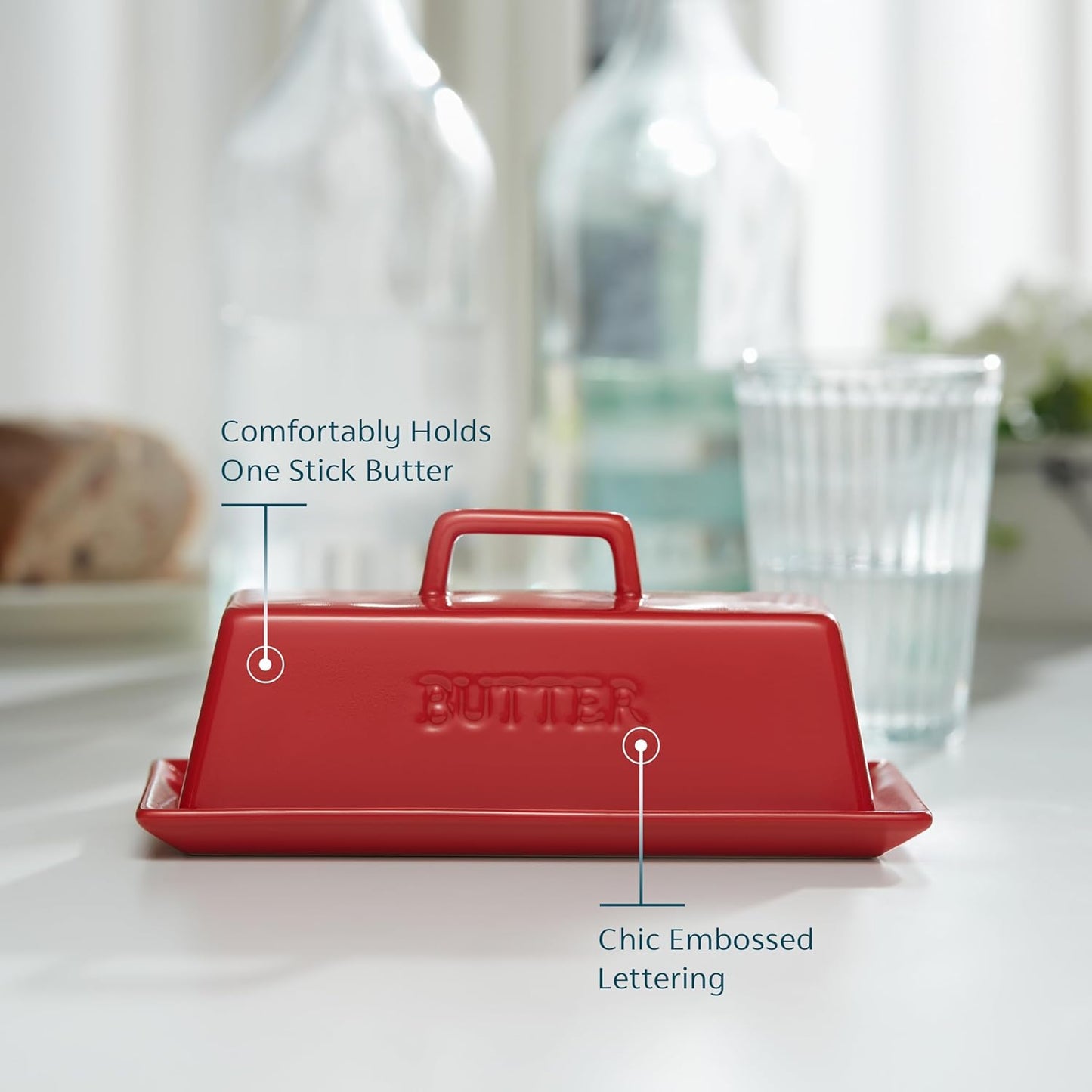 Butter Dish with Lid for Countertop, by Kook, Ceramic Dish Tray with Cover, Kitchen Keeper, Container, Holder, Holds 1 Stick, Microwave and Dishwasher Safe, Red