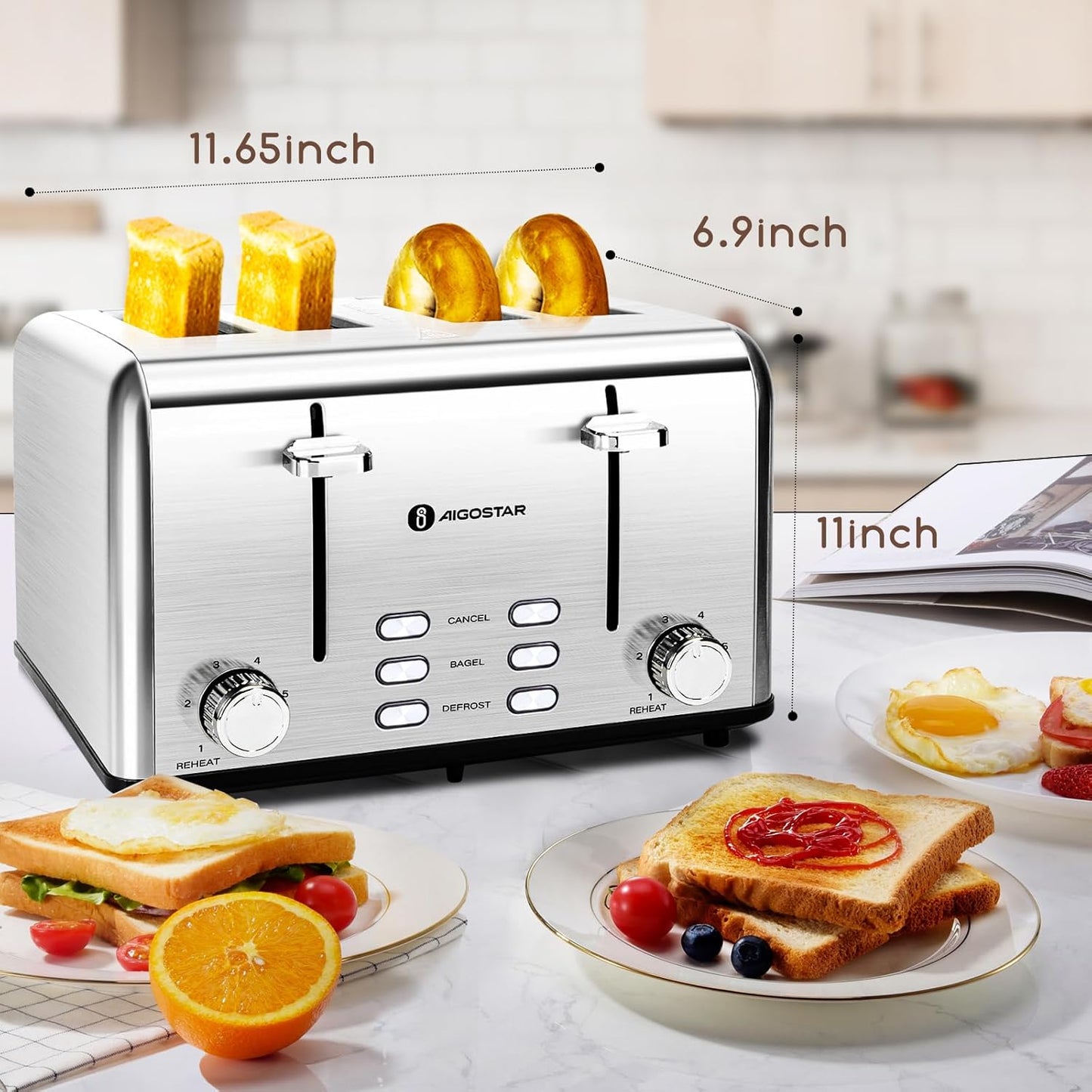 Aigostar Toaster 4 Slice 1.6" Wide Slot Stainless Steel Toasters with Bagel, Reheat, Cancel, Defrost Function, 6 Shade Settings, Removable Crumb Tray, 1550W, Best Rated Prime 4 Slice Toasters