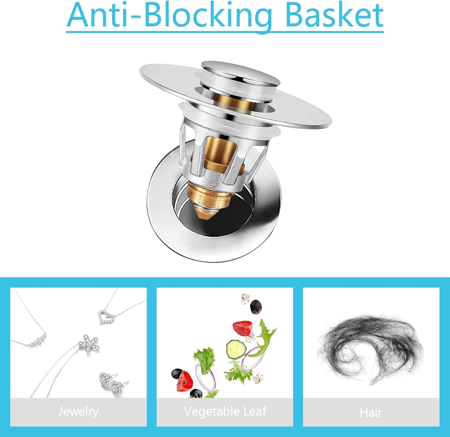 Universal Sink Stopper with Hair Catcher, Faster Drainage, Bathroom Sink Drain Strainer in Brass, Pop Up Drain Cover, Basin Plug for 1.04~1.97 Inch Drain Hole