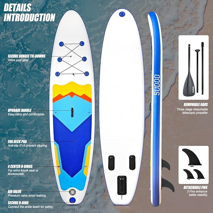 Inflatable Stand Up Paddle Board 10‘x30‘‘- Ultra-Light SUP with Backpack, Pump, Paddle, Coil Leash, 3 Fins, Repair Kit, Stable Design, Non-Slip EVA Deck for Adults & Youth