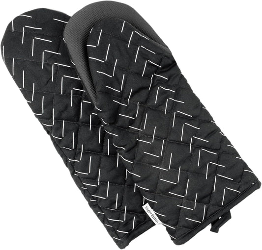 Heat Resistant Designer Kitchen Oven Mitts with Neoprene Non-Slip Grips and Hanging Loops | Set of 2 100% Cotton Long Sleeve Kitchen Oven Mitts | 5.5" x 12" | Black