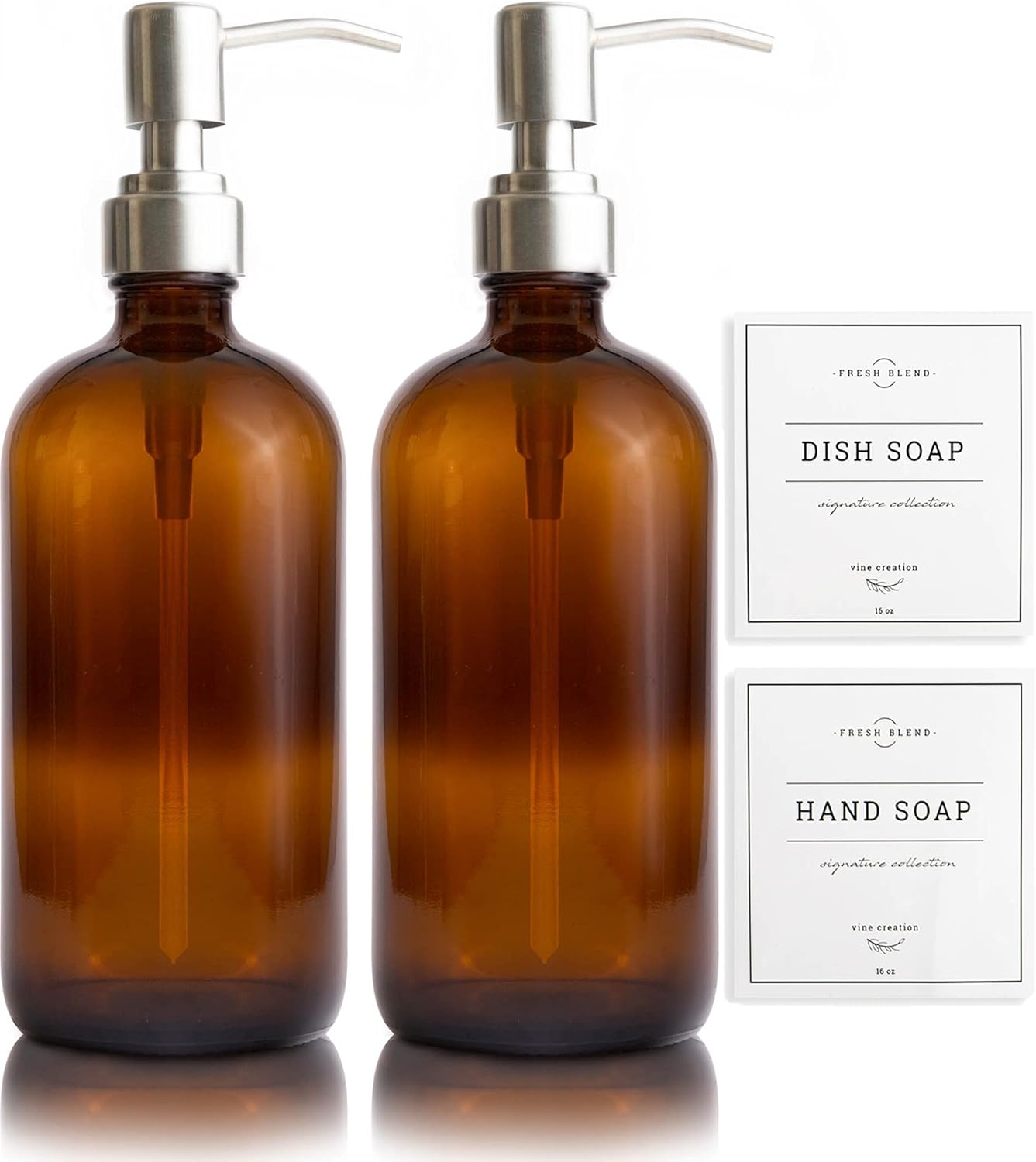Vine Creations Amber Glass Soap Dispenser, 2 Pack Kitchen Soap Dispenser Set with Stainless Steel Pump, 16 oz Hand Soap or Dish Soap for Bathroom or Kitchen with Waterproof Labels