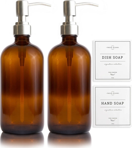 Vine Creations Amber Glass Soap Dispenser, 2 Pack Kitchen Soap Dispenser Set with Stainless Steel Pump, 16 oz Hand Soap or Dish Soap for Bathroom or Kitchen with Waterproof Labels