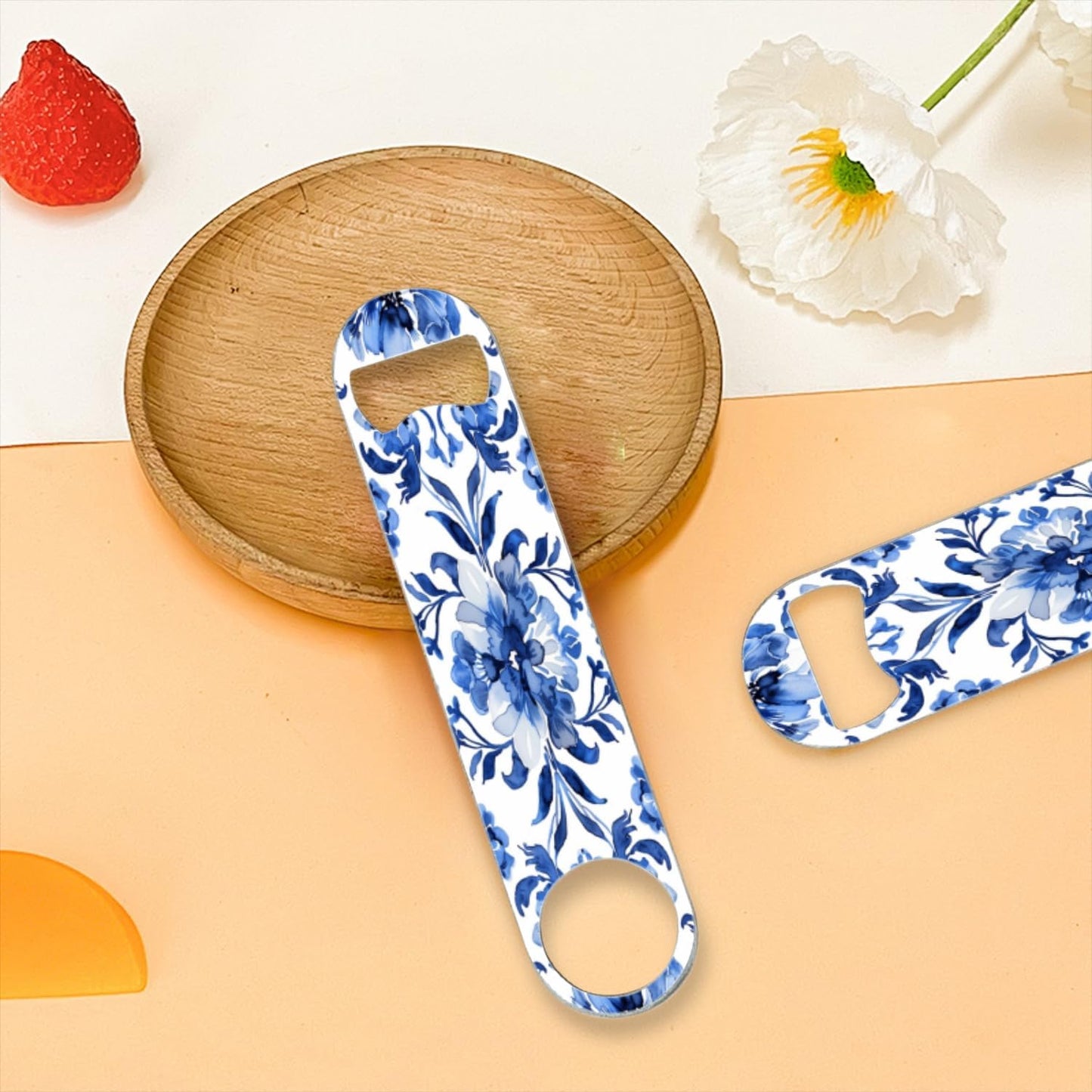 2 PACK Beer Bottle Opener, Stainless Steel Flat Bottle Openers,7 inch Metal Decor,Blue And White Hand-Painted Flower