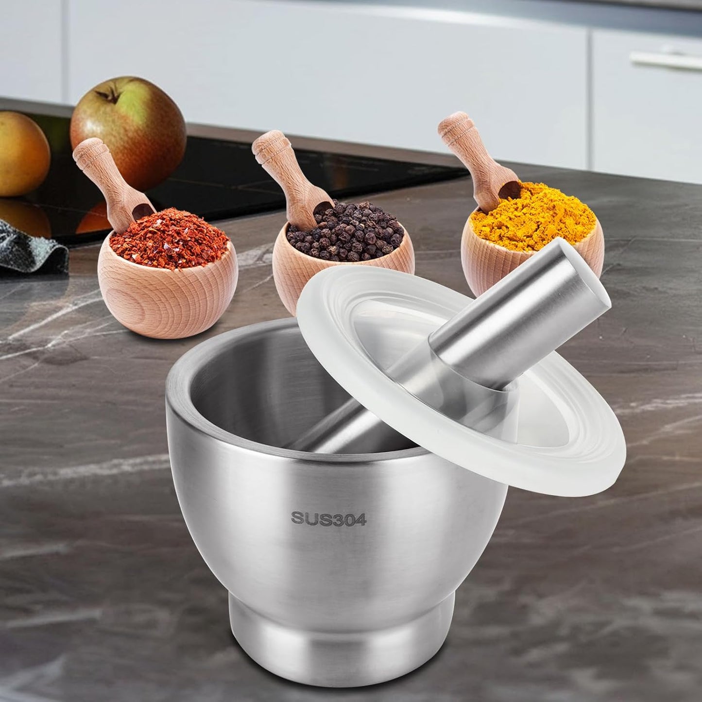 Mortar and Pestle Set Stainless Steel Manual Spice Grinder Pill Crusher Bowl Pestle and Mortar Bowl with Lid for Crushing Powdering Herbs, Grains, Spices