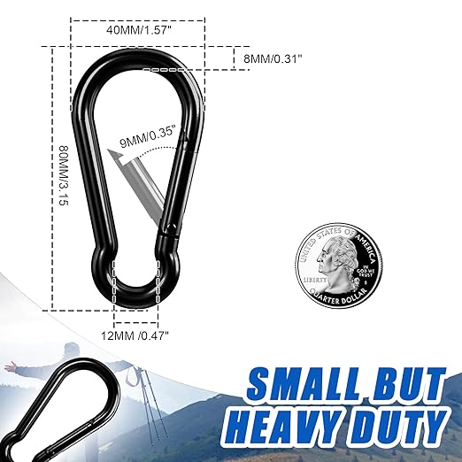 KINLINK 10 Pack Black Carabiner Clip, 3.15 inch Heavy Duty Spring Snap Hook, Small Caribeener Clips for Outdoor Camping, Swing Set, Hammock, Hiking Travel, Fishing, Quick Link Keychain